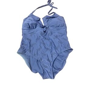 Time and Tru Periwinkle Blue Eyelet Halter One Piece Swimsuit Resort NWT